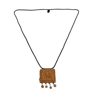 African/Indian necklace with square carved clay pendant with dangling beads boho